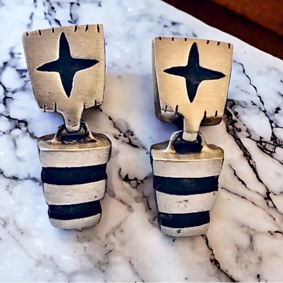 Lisa Jenks Garland Sterling Silver Earrings CAT TRACKS Dangle Post Modernist - Picture 3 of 14